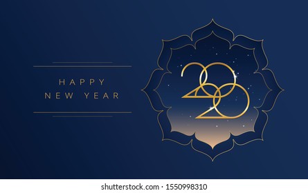 New Year 2020 gold greeting card vector design - beautiful dark blue background with Happy New Ye golden text and 2020 elegant typography. Vector illustration for New Year celebration