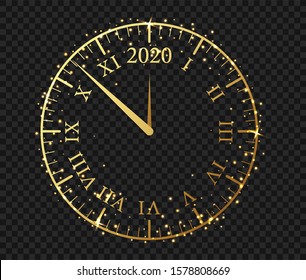 New Year 2020 golden clock. Сlock with a Roman dial a few minutes until midnight 2020.