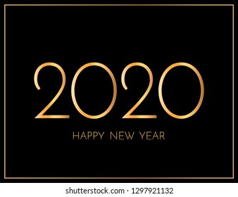 New Year 2020 greeting card. 2020 golden New Year sign on dark background. Vector illustration of happy new year 2020.