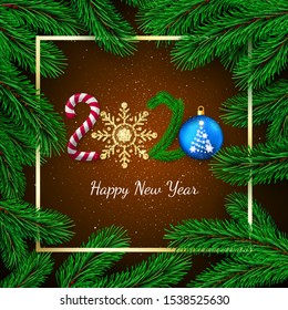 New Year 2020. Greeting card with 2020 lettering. Candy and golden glitter snowflake New Year tree branch and Christmas ball. Gold frame and pine branches background. Vector