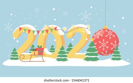 new year 2020 greeting card lights garland ball trees sled gift snow vector illustration