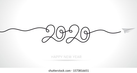  New year 2020 greeting card minimal line art typography with paper plane trails on white background 
