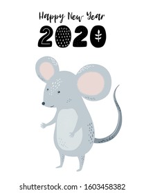 New Year 2020 greeting card with mouse or rat. Nursery scandinavian style for printing on fabric, dishes, clothes, postcards, stickers, posters. Vector illustration
