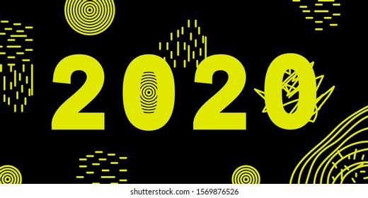 New year 2020 greeting cart. Memphis pattern style in yellow and black colors. Festive Happy New Year party decoration