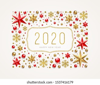 New Year 2020 greeting illustration. Frame made from stars, ruby gems, golden snowflakes, beads and glitter gold. Vector illustration.