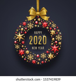 New year 2020 greeting illustration. Abstract holidays bauble made from stars, ruby gems golden snowflakes, beads and glitter gold bow ribbon.
