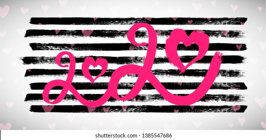 New year 2020 hand drawn vector illustration. Romantic 2020 decorated with hearts and stripes. Grunge style. Love, New Year, Valentine's day theme. EPS10