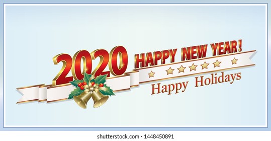  New Year 2020. Happy holiday panoramic banner in 3d format  with bells and stars.Vector illustration