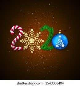 New Year 2020. Holiday decoration element for greeting card with 2020 lettering. Candy and golden glitter snowflake New Year tree branch and Christmas ball. Vector illustration