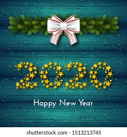 New Year 2020. Holiday gift card with numbers of golden stars, fir garland and bow on turquoise wood background. Template for a banner, poster, invitation. Vector illustration for your design