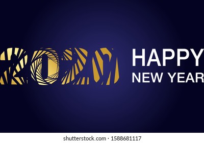 New Year 2020. Holiday greeting card. Shiny golden 2020 on dark blue background.