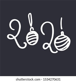 New Year 2020 holiday logo reverse design. Hand lettering and New Year ornaments on deep blue background