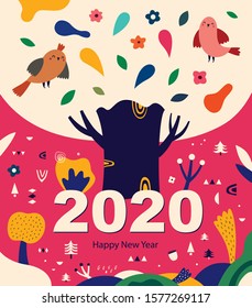 New Year 2020 illustration with big tree and birds	
