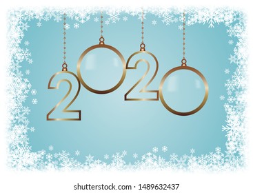 new year 2020 images. celebrate card with holiday greetings, vector golden hanging text, blue background 