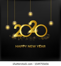 New Year 2020 with  isolated shining golden elements on black for gift card and background