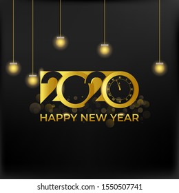 New Year 2020 with  isolated shining golden elements on black for gift card and background