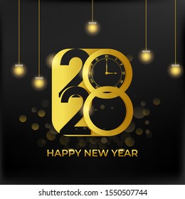 New Year 2020 with  isolated shining golden elements on black for gift card and background