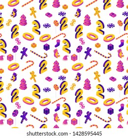 New year 2020 isometric 3d seamless pattern, winter holiday party illustration background, christmas concept backdrop, decorating tree, present, cartoon icons isolated, violet, pink, yellow color
