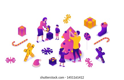 New year 2020 isometric 3d illustration, family celebrating winter holiday party, christmas concept, parents, children decorating tree, present, cartoon people together, violet, pink, yellow color