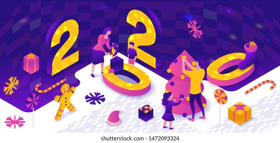 New year 2020 isometric 3d illustration, family celebrating winter holiday party, christmas concept, parents, children decorating tree, present, cartoon people together, violet, pink, yellow color