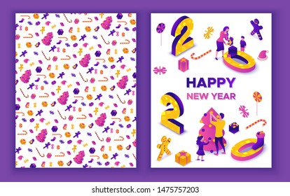 New year 2020 isometric greeting card, 3d illustration, print 2 side template, family celebrating winter holiday party, christmas concept, parents, cartoon people together, violet, pink, yellow color