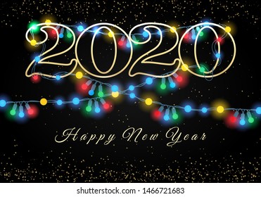 New year 2020 lights garlands background. Holiday light bulbs black background, glowing christmas colorful lamp lights festival or party vector decorative image