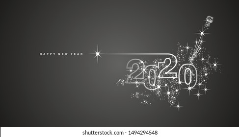 New Year 2020 line design firework champagne white black vector
