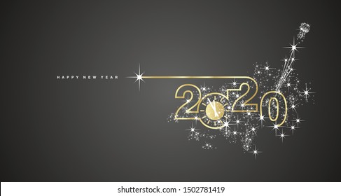 New Year 2020 line design gold clock sparkle firework champagne white black vector