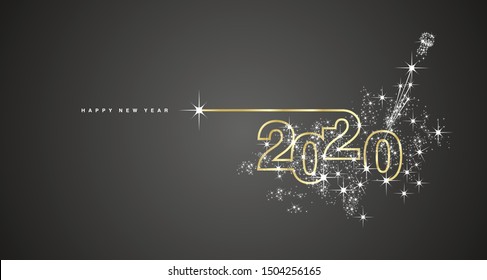 Diseño de la línea Año Nuevo 2020 fuegos artificiales champán dorado brillante vector blanco negro