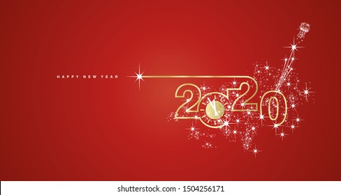 New Year 2020 line design gold clock sparkle firework champagne white red vector