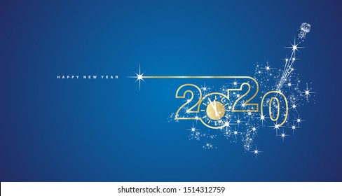 New Year 2020 line design gold clock sparkle firework champagne white blue vector