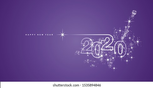 New Year 2020 line design with firework shining white purple greeting card