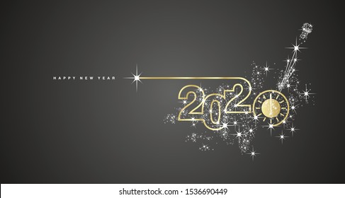 New Year 2020 line design gold clock countdown with sparkle firework white black greeting card