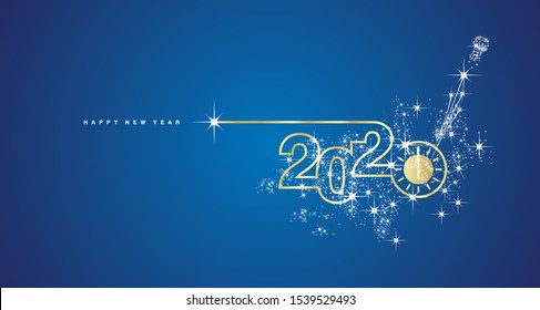 New Year 2020 line design gold clock countdown with sparkle firework white blue greeting card
