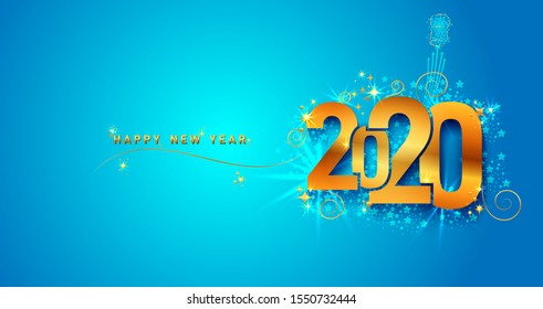 New Year 2020 line design firework champagne gold shining. Flyers, banner, greetings, invitations, christmas themed congratulations. Vector illustration. Isolated on blue background