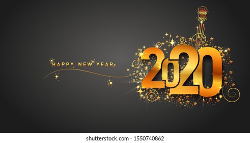 New Year 2020 line design firework champagne gold shining. Flyers, banner, greetings, invitations, christmas themed congratulations. Vector illustration. Isolated on black background.