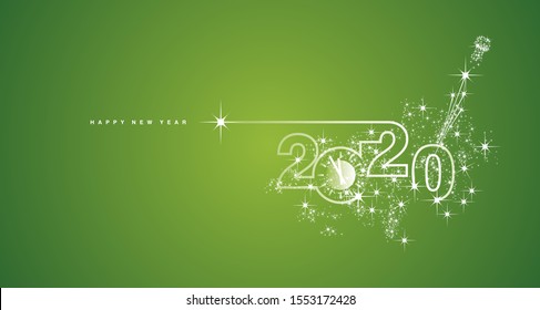 New Year 2020 line design clock sparkle firework champagne white green greeting card
