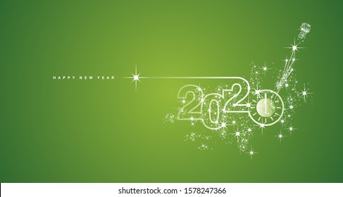 New Year 2020 line design clock countdown with sparkle firework white green greeting card