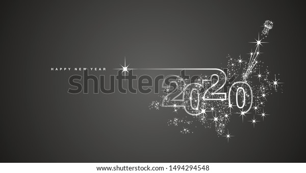New Year 2020 line design firework champagne white black vector