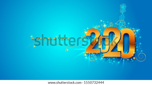 New Year 2020 line design firework champagne gold shining. Flyers, banner, greetings, invitations, christmas themed congratulations. Vector illustration. Isolated on blue background
