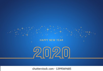 New Year 2020 line gold text design with champagne spark, confetti or fireworks on blue background. Year of the Rat. Vector illustration