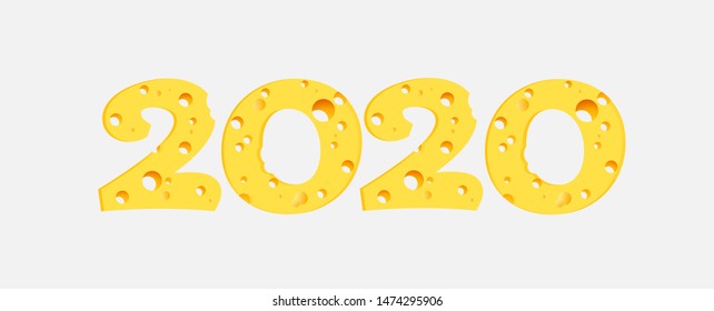 New Year 2020 logo creative design carved from cheese. Design template for flyers, poster, card, brochure, banner and calendar. Vector eps10 illustration isolated