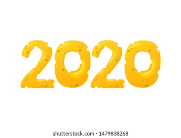 New Year 2020 logo creative design carved from cheese. Design template for flyers, poster, card, brochure, banner and calendar. Happy Chinese New Year. Vector eps10 illustration isolated
