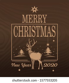 New year 2020. New year logo design with reindeer on the background of Christmas trees. Vector illustration