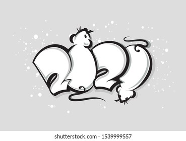 New year 2020 logo with mice and snow isolated on grey. Greeting card design with 3D numbers. Vector cartoon illustration