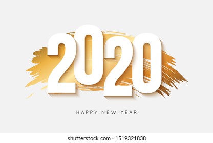 New Year 2020 logo text design with gold brush stroke. Paper style. Vector illustration