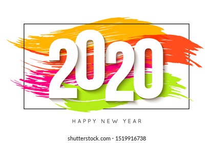 New Year 2020 logo text design with brush strokes. Paper style. Vector illustration