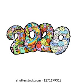 New year 2020. Monster doodle date. Ornate holiday symbol. Vector illustration for prints and design.