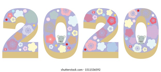 New year 2020 mouse year banner illustration. A combination of three-dimensional numbers with small rats and flowers.