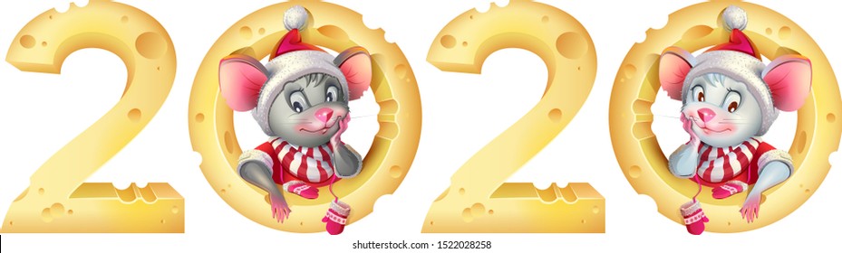 New year 2020 mouse twins. Mice in santa costume and cheese calendar. Isolated on white vector cartoon illustration template